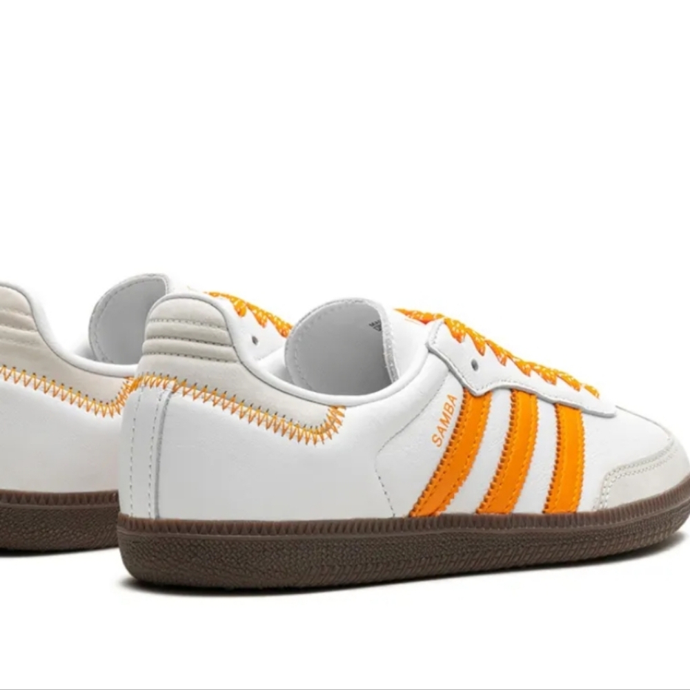 adidas Samba Sneakers White with Orange Stripes and Brown Sole - Picture 3 of 11
